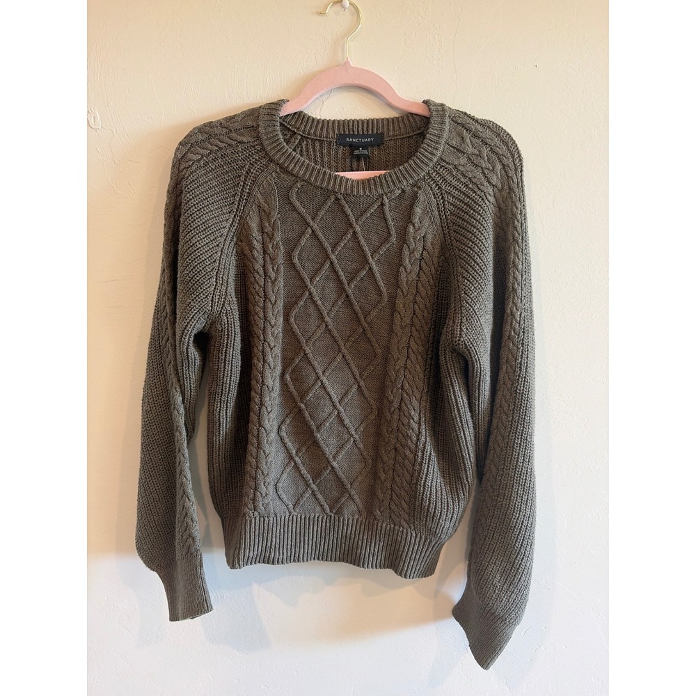 Sanctuary Womens Green Cable Knit Cotton Sweater CW1678MU4 Olive Crew Neck M